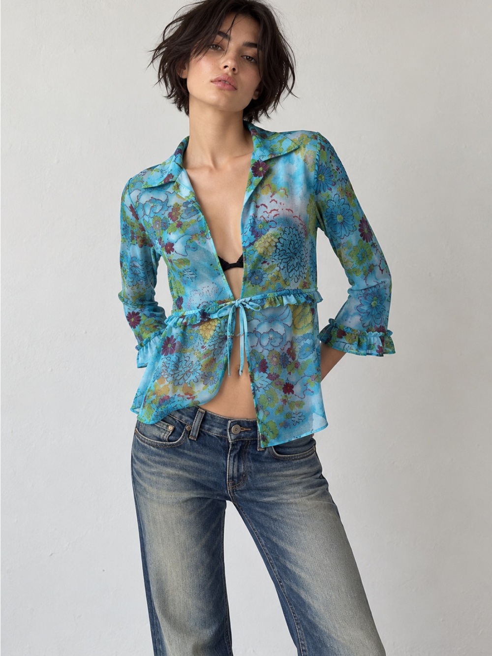 Vintage Phidias Y2K Floral Mesh Ruffle Tie Front Top Made in France T4 L